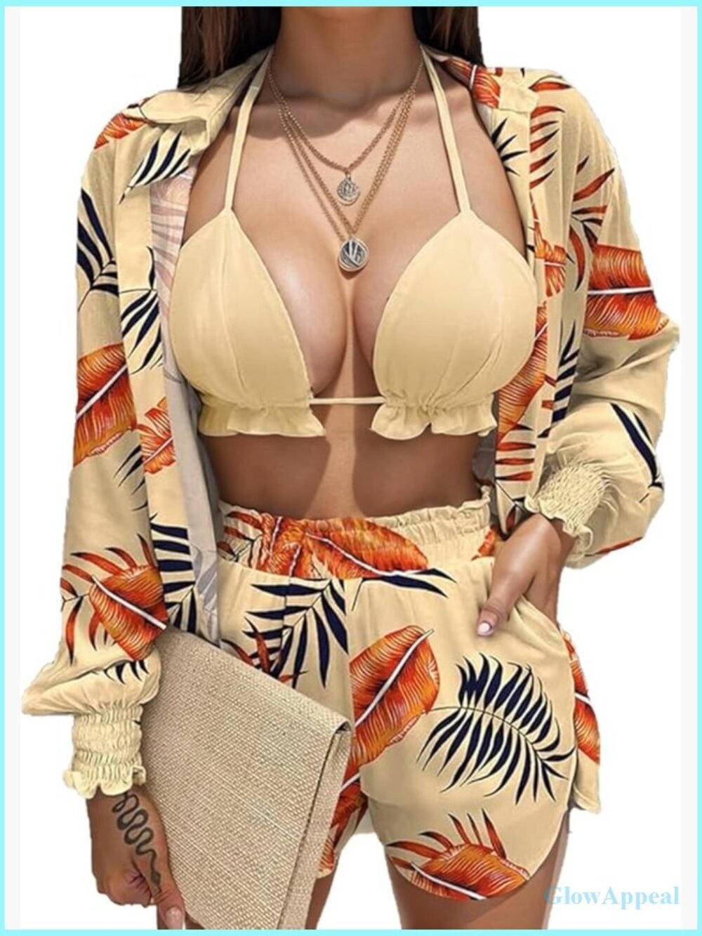 3pce Tropical Bikini Set with Cover Up & Shorts Beach Vacation Outfit